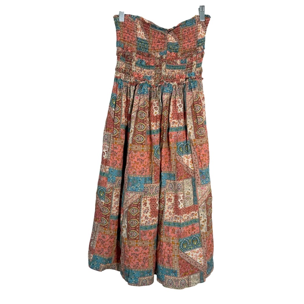 ONeill Womens XS Patchwork Smocked Strapless Midi Dress Pink Blue Viscose Boho